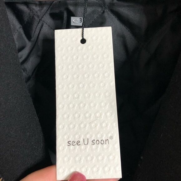 See You Soon Black/Navy Wool Blend Fur Collar Mid-Length Coat New - Picture 9 of 15